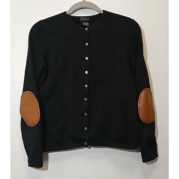 Lord & Taylor Sweaters - Lord Taylor womens small sweater 100% cashmere cardigan black leather patches